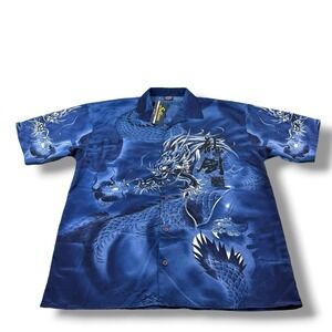 NWT Sullivan Premium VTG Y2K Blue Japanese Dragon AOP S/S Button Up Shirt 2XL